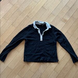 Black ribbed Long Sleeve Ralph Lauren Polo Shirt with White Collar